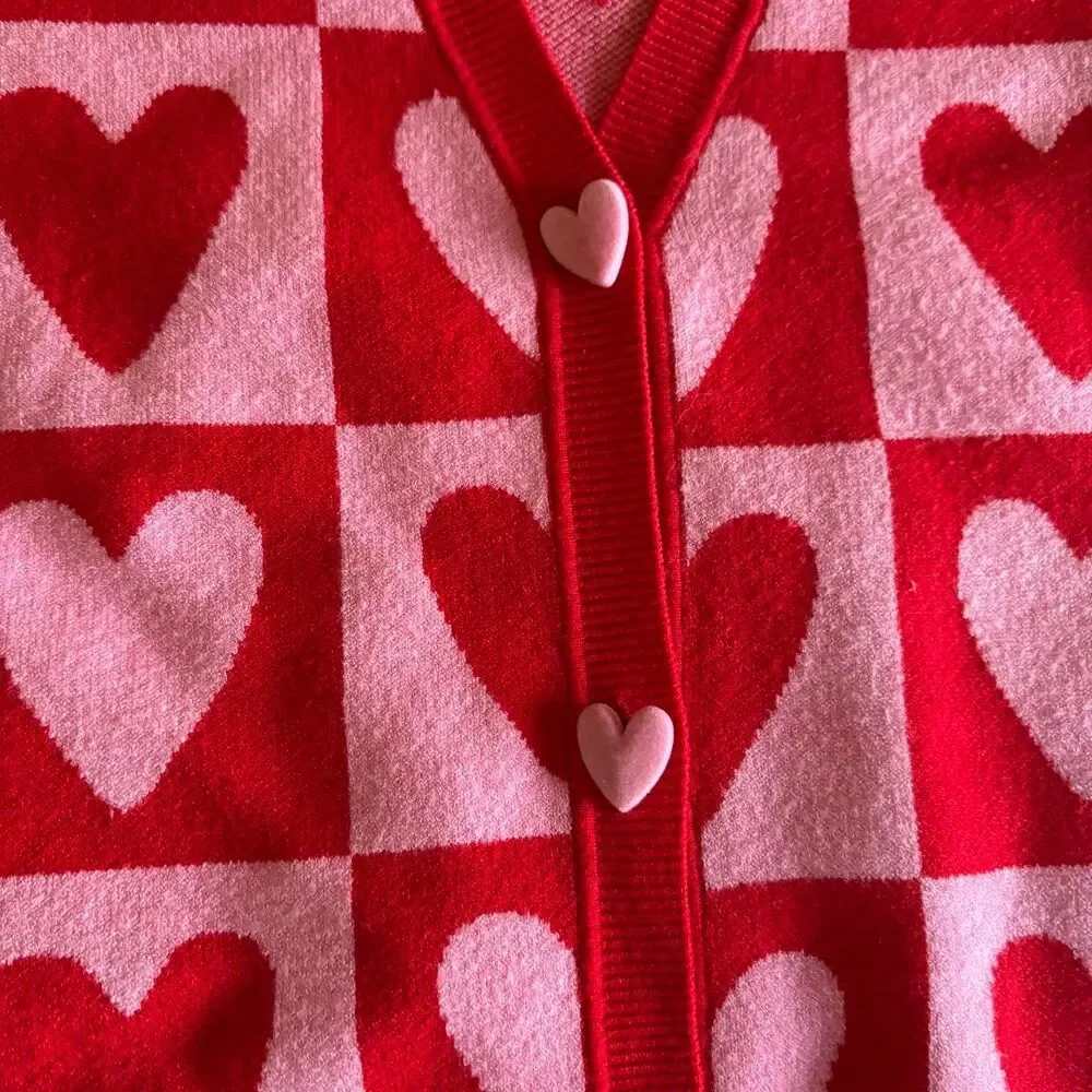 33 Degrees Pink and Red Checkered Heart Pattern Cardigan Sweater Size Large - Picture 2 of 7